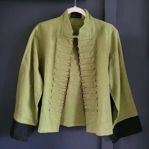 Peacock Ways Green Thick 100% Linen Open Front Spring Summer‎ Jacket Large